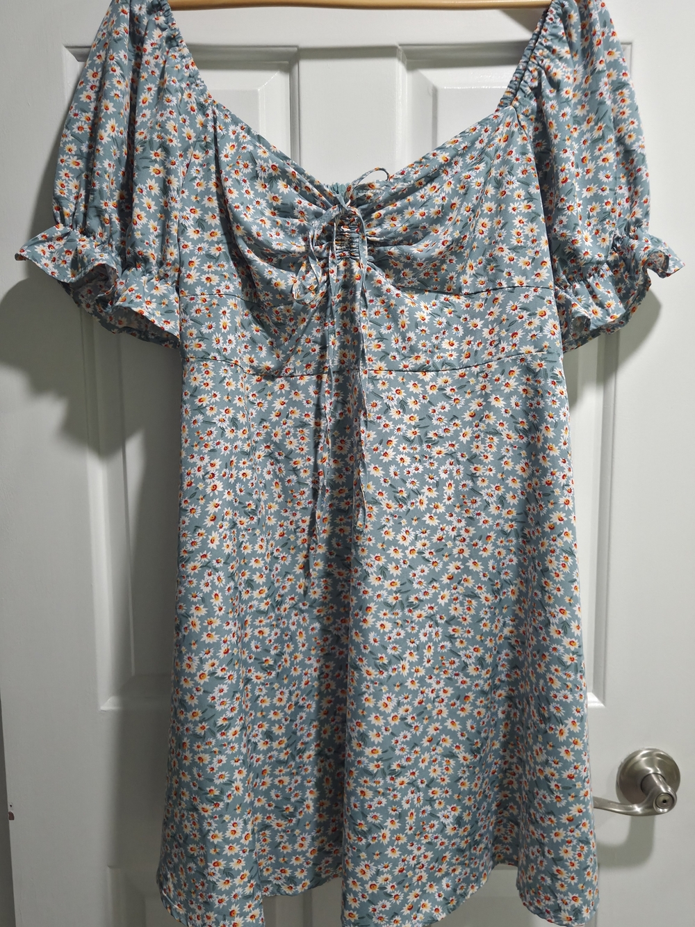 SHEIN Blue Floral Tie-Front Mini Dress with Puff Sleeves